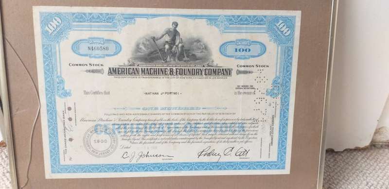 A LOVELY SHARE CERTIFICATE OF 100 SHARES IN  " AMERICAN MACHINE & FOUNDRY COMPANY " SEE BELOW